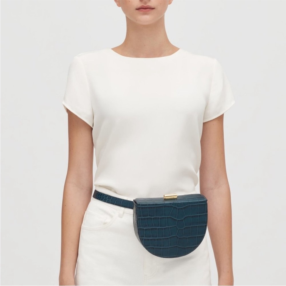 Cuyana Blue Teal Crescent Crocodile Alligator Belt Bag Crossbody Purse Clutch